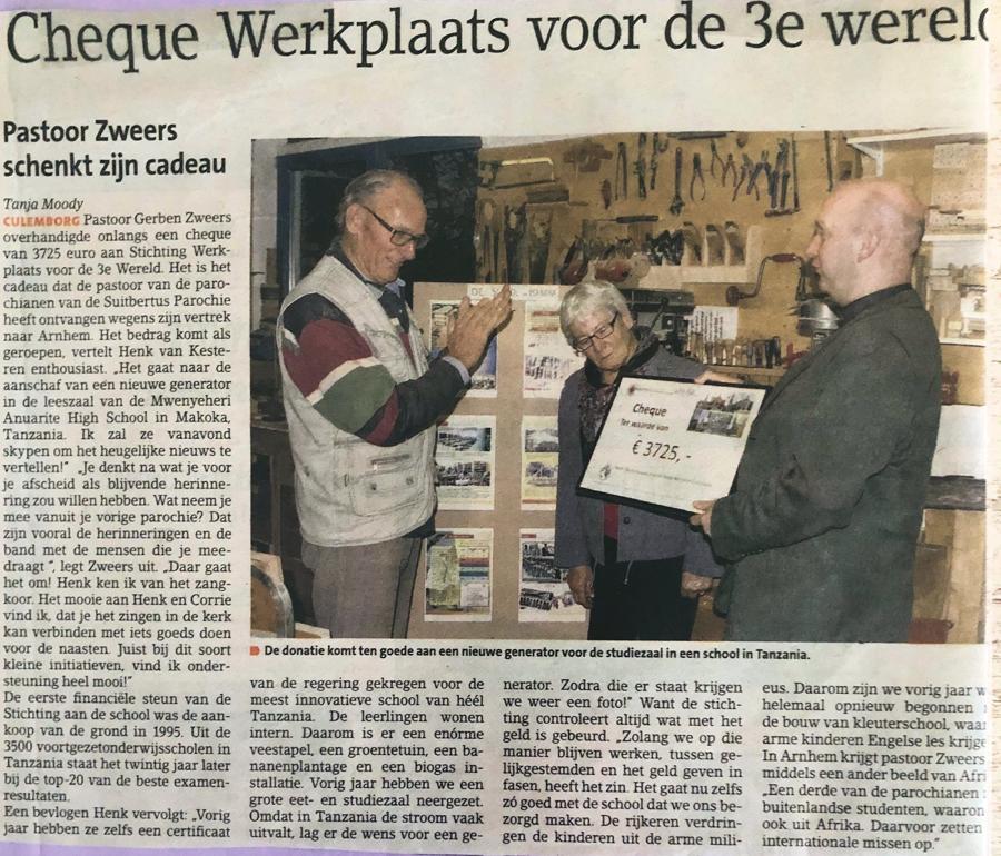 Cheque van Pastor Zweers 2015