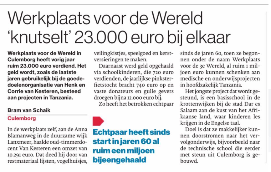werkplaats voor de wereld opbrengst 2017 - 23.000 euro